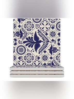 Mexican Talavera Style Tiles with Birds Square Ceramic Coaster with Cork Base He